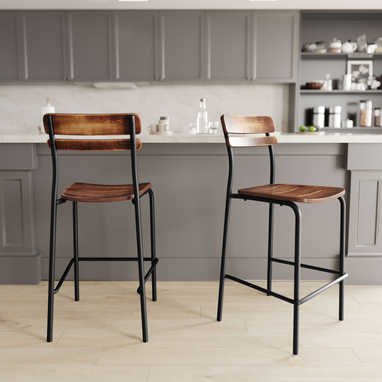 Emma and Oliver Blanchard Set of 2 Bar Stools with Metal Frames and Solid Wood Seats and Backs with Antique Finishes